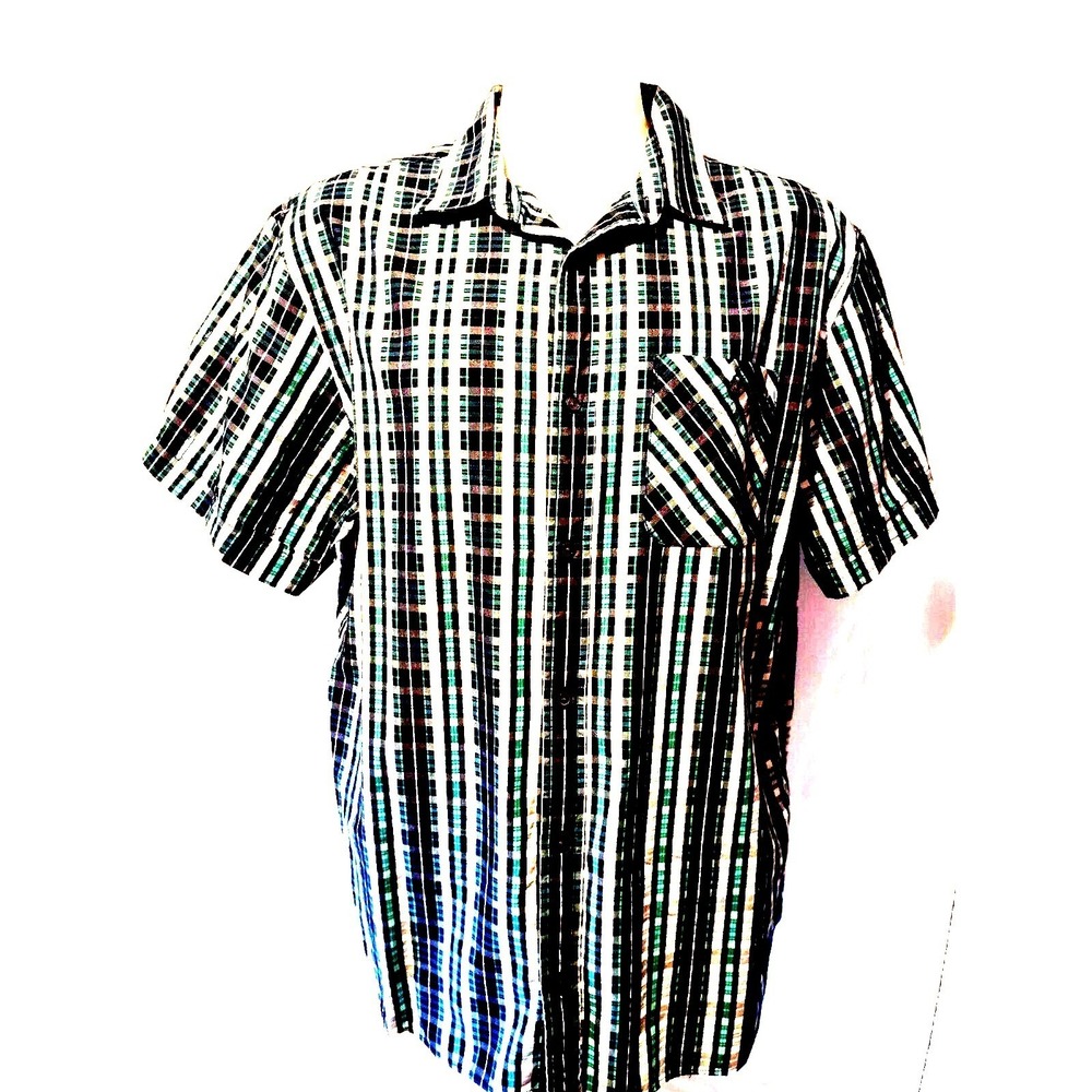 Banana Republic Shirt XXL Mens Plaid Norm Core Teal Black Short Sleeve Button Up